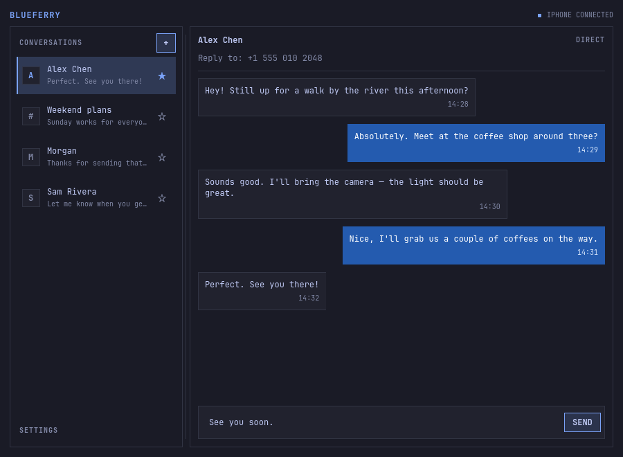 BlueFerry's Quickshell client with sample conversations